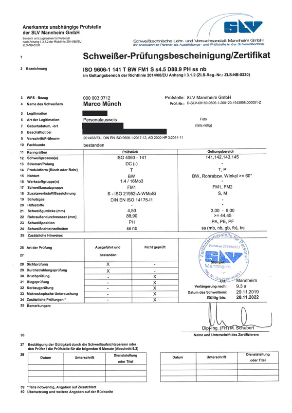 Schweißer-Prüfungsbescheinigung ISO 9606-1 141 T BW FM1 S s4.5 D88.9 PH ss nb
