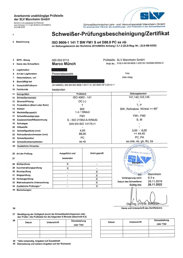 Schweißer-Prüfungsbescheinigung ISO 9606-1 141 T BW FM1 S s4 D88.9 PC ss nb