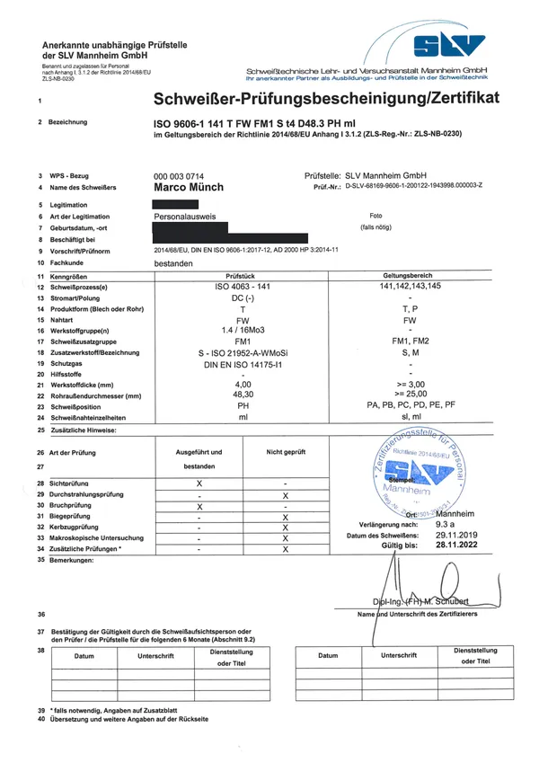Schweißer-Prüfungsbescheinigung ISO 9606-1 141 T FW FM1 S t4 D48.3 PH ml