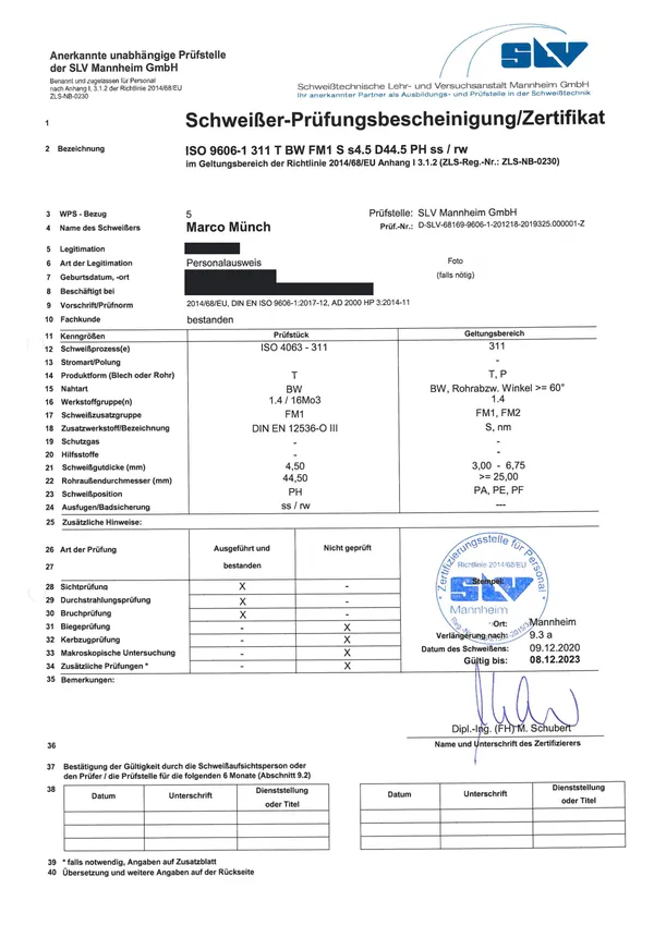 Schweißer-Prüfungsbescheinigung ISO 9606-1 311 T BW FM1 S s4.5 D44.5 PH ss/rw