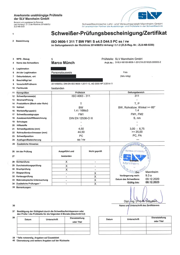 Schweißer-Prüfungsbescheinigung ISO 9606-1 311 T BW FM1 S s4.5 D44.5 PC ss/rw