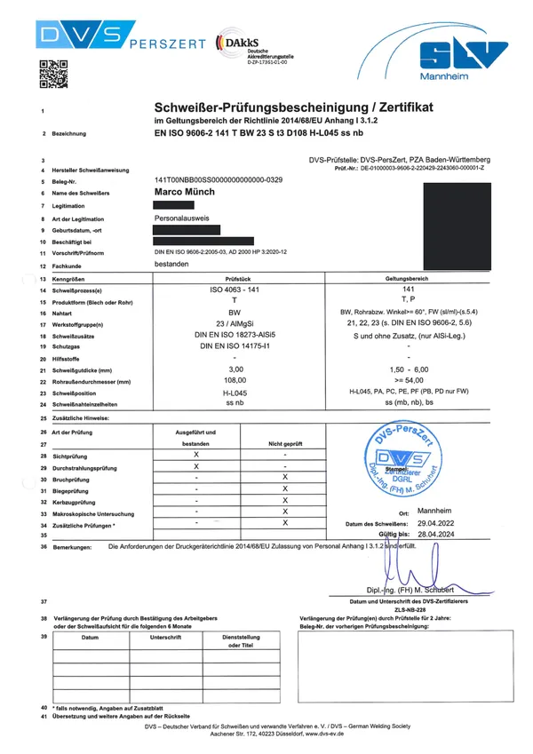 Schweißer-Prüfungsbescheinigung EN ISO 9606-2 141 T BW 23 S t3 D108 H-L045 ss nb